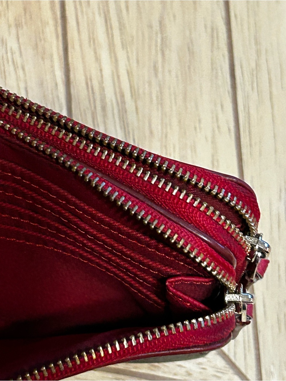 Coach Signature Brown Monogram Double Zip Wallet Red Trim - Picture 6 of 11